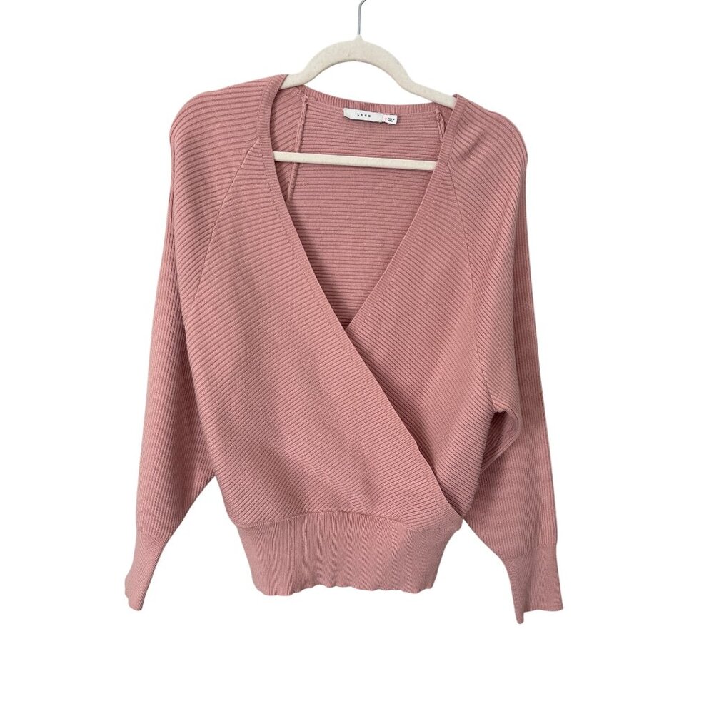 Lush Sweater Size Small Ribbed V Neck Faux Wrap Long Sleeve Dusty Pink Cozy Knit